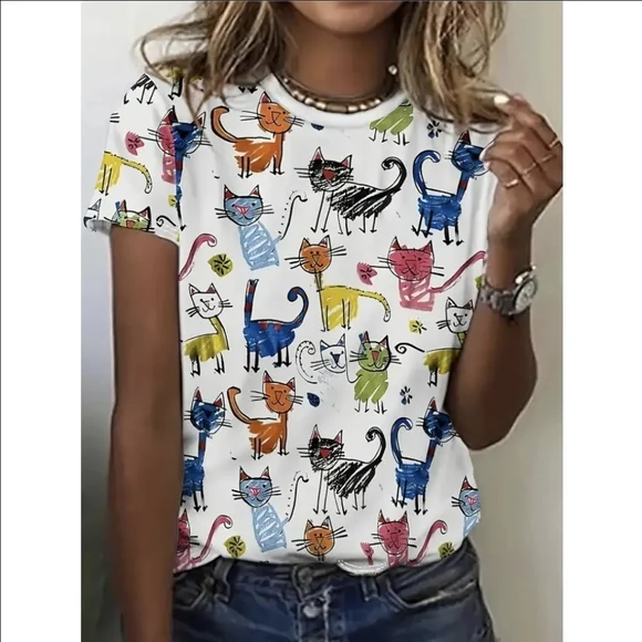 Colorful Cat Print Short Sleeve Shirt 2XL - Picture 3 of 8